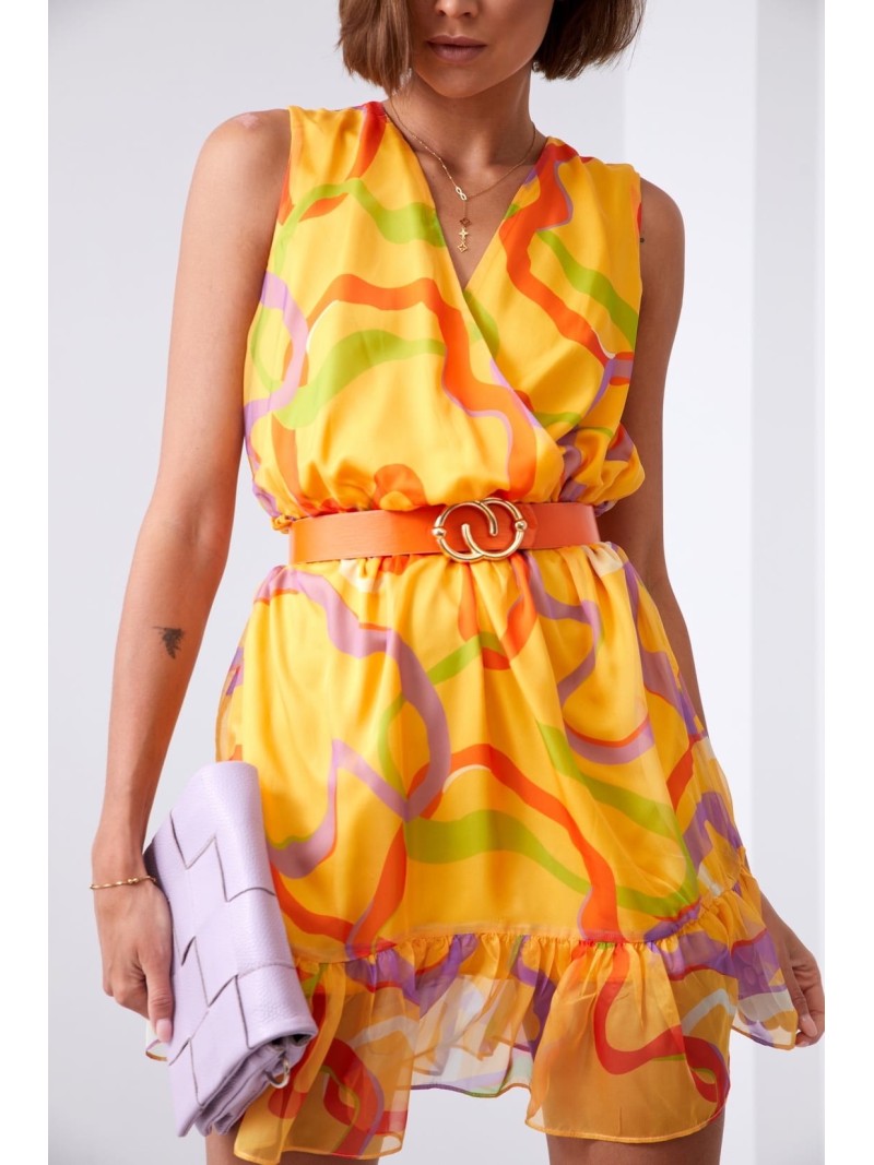 Light patterned dress with a belt, saffron and lilac 03040 - Online store - Boutique